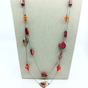 Vintage Silver Tone Long Layered Necklace Pink Red Orange Faux Shell Bead Boho